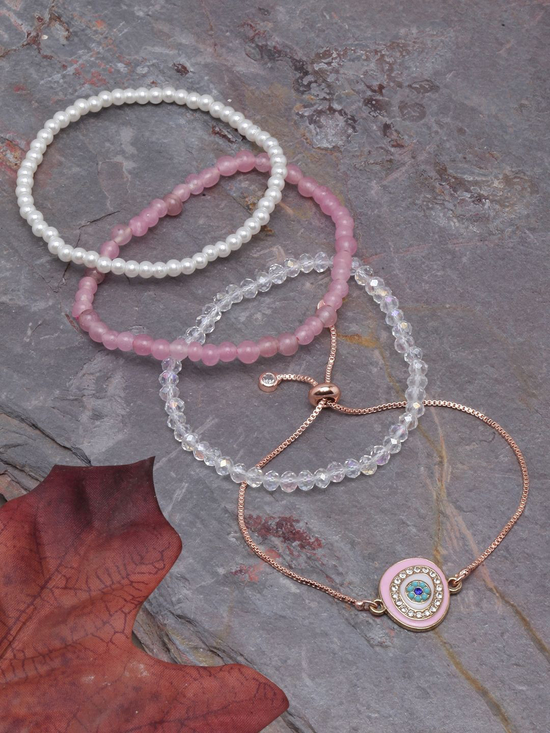 

KPOP Set Of 4 Rose Gold-Plated Beaded & Stone Studded Charm Bracelets