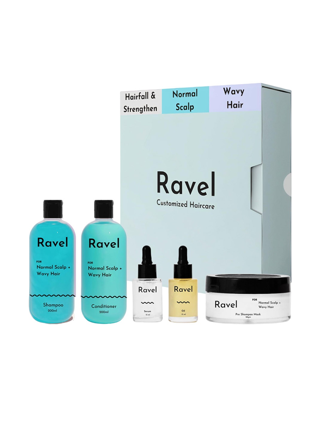 

Ravel Hair Fall Control Shampoo, Conditioner, Oil, Serum & Pre Shampoo Mask Gift Set, Blue
