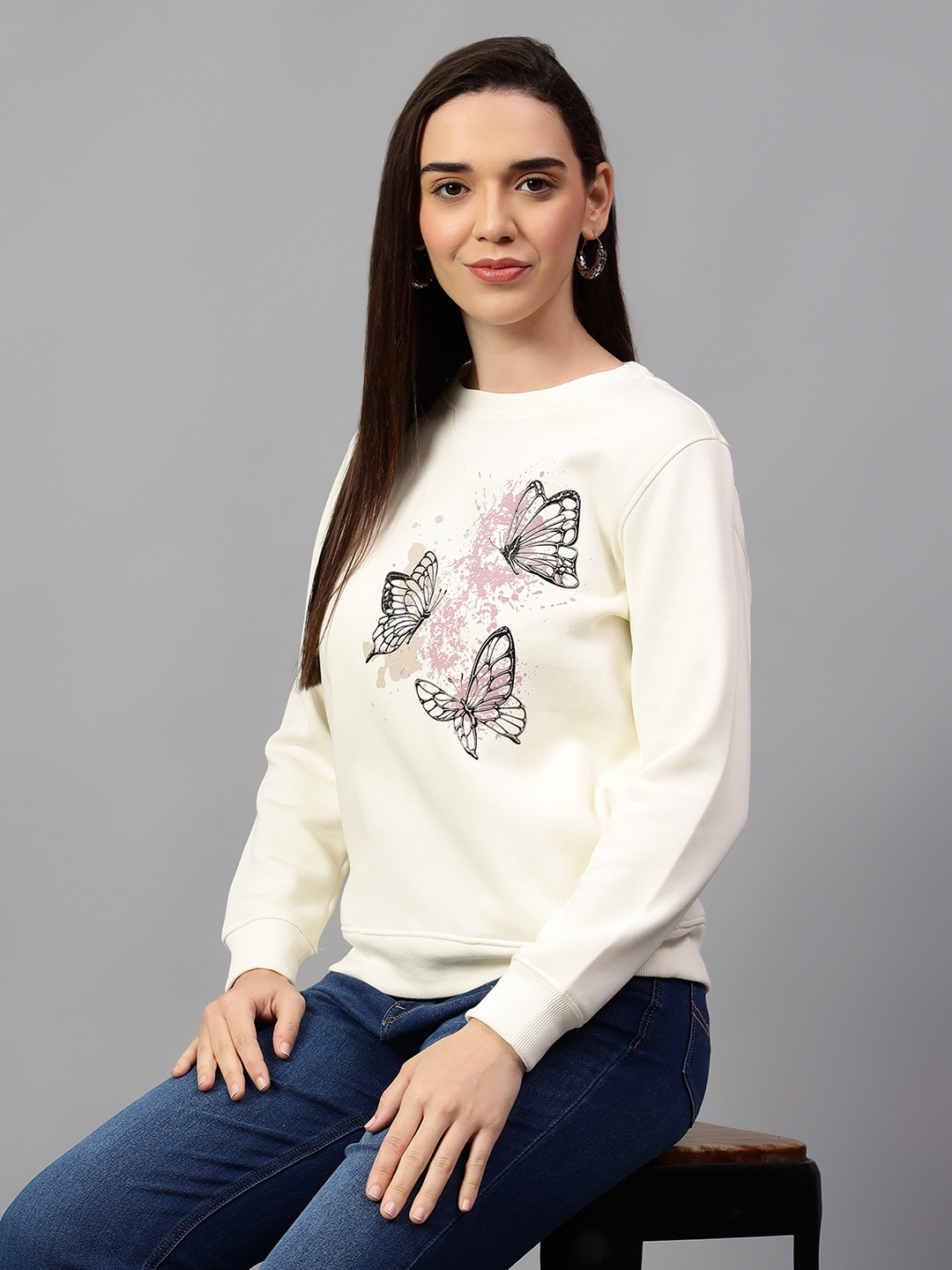 

Cantabil Women Graphic Printed Round Neck Fleece Pullover Ribbed Sweatshirt, Off white