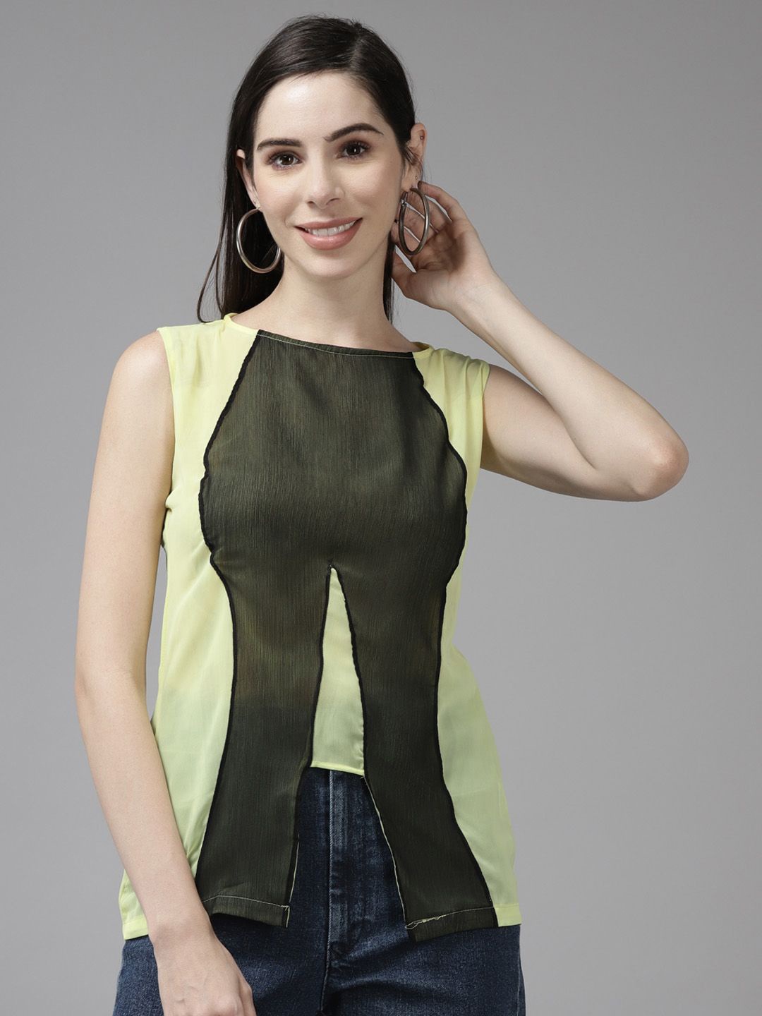 

BAESD Women Colourblocked Round Neck Top, Green