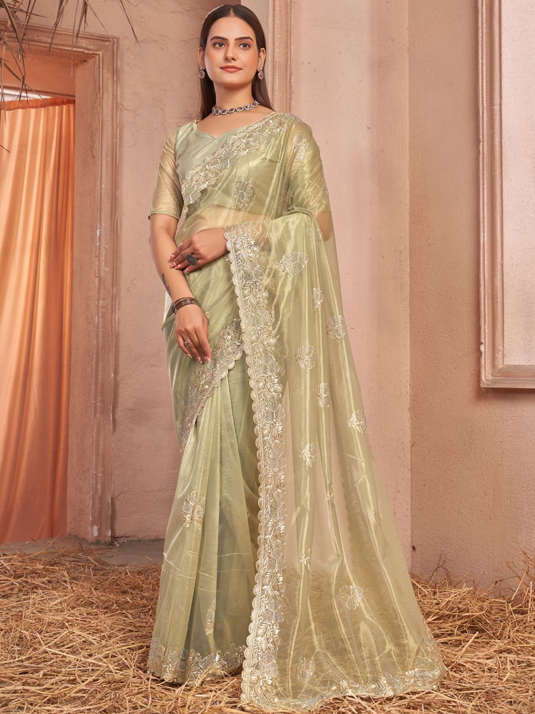 

Mitera Embellished Embroidered Net Saree With Unstitched Blouse Piece, Green