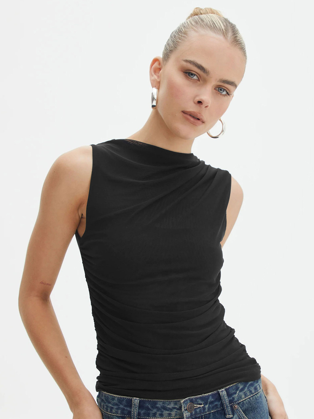 

HERE&NOW Women Solid Boat Neck Nylon Top, Black