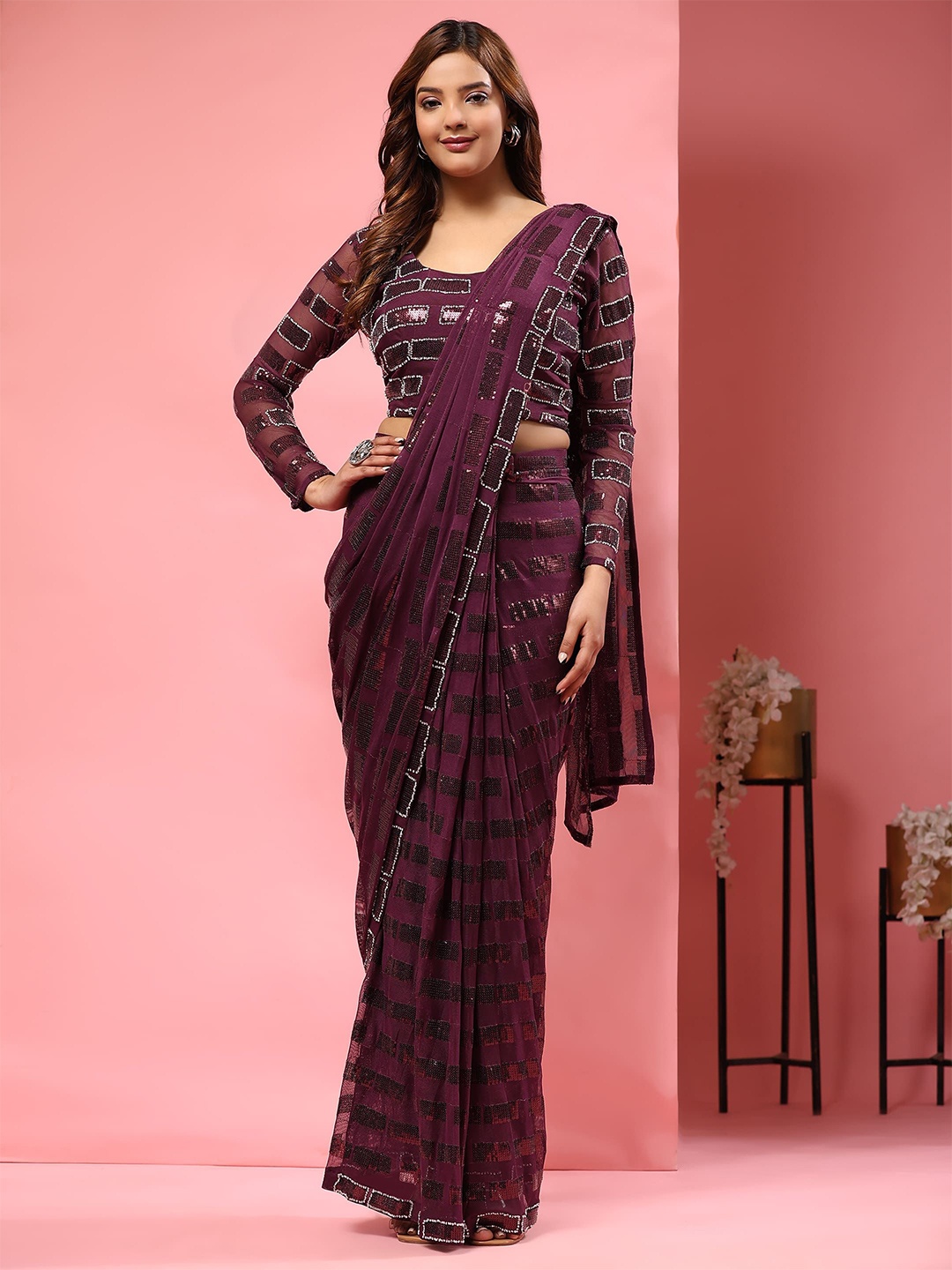 

AMOHA TRENDZ Embroidered Beads and Stones Ready to Wear Saree, Purple