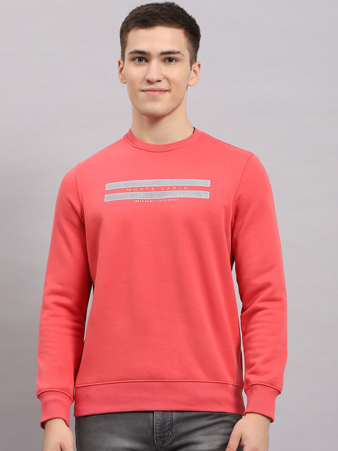 

Monte Carlo Men Cotton Typography Printed Round Neck Pullover Sweatshirt, Coral