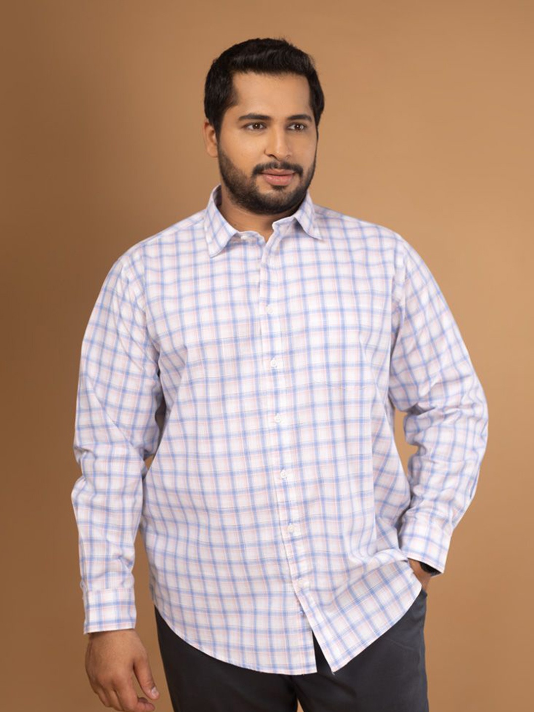 

Sizeupp Men Comfort Spread Collar Checked Cotton Plus Size Casual Shirt, White
