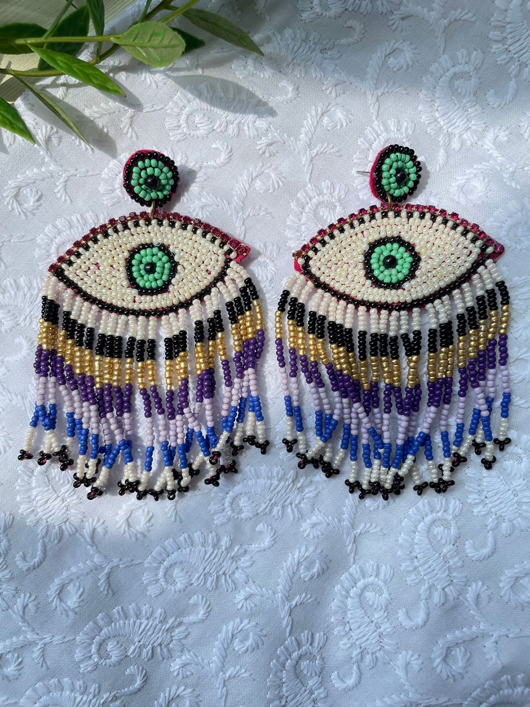 

ISHKAARA Evil Eye Tassel Beaded Oval Drop Earrings, Blue