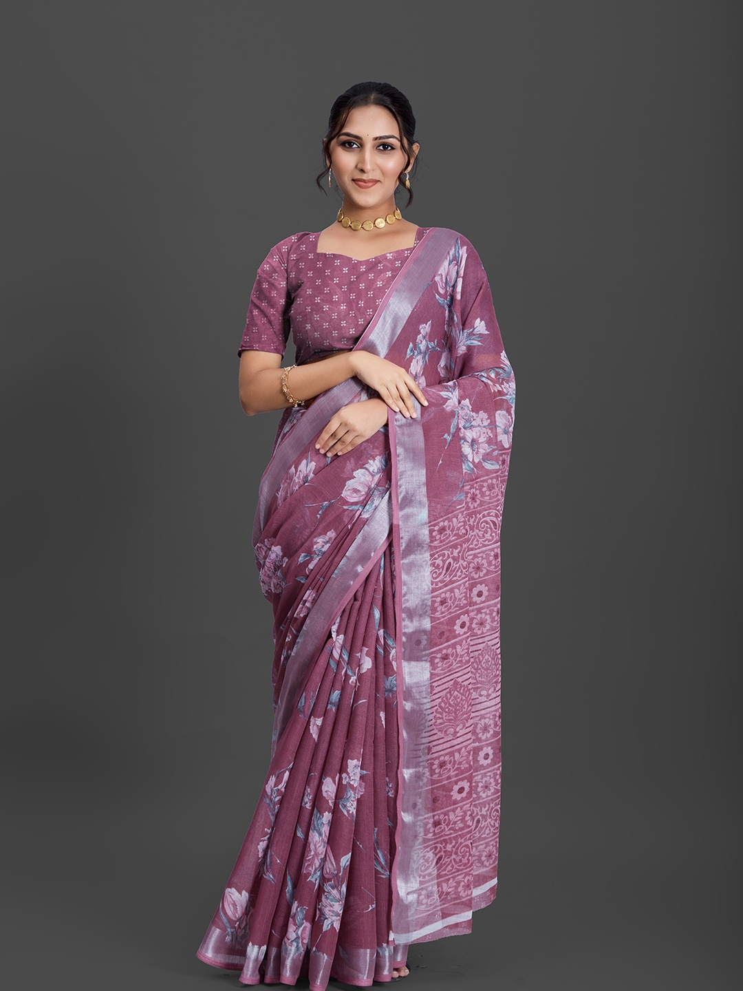 

NIRMAL CREATION Floral Printed Zari Saree, Lavender