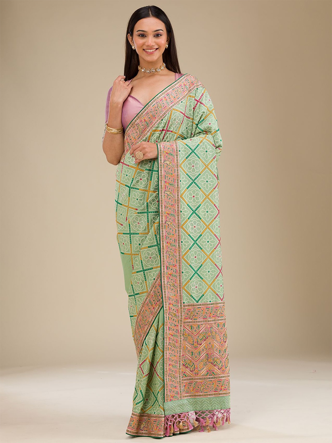 

Koskii Bandhani Embroidered Saree, Green