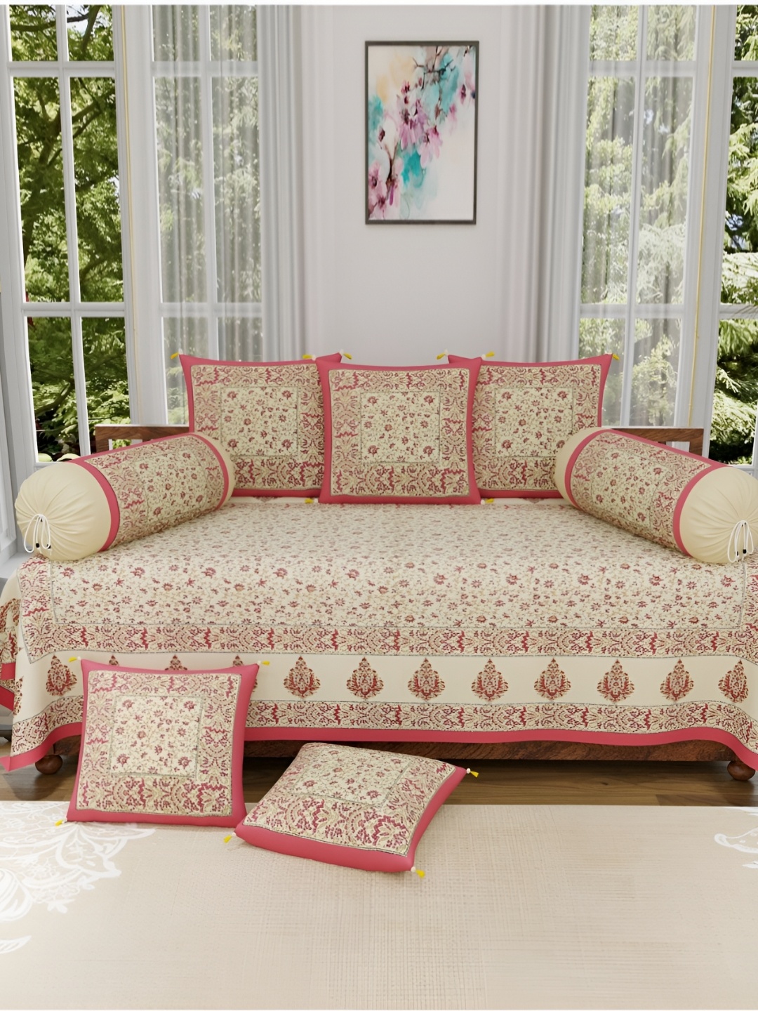 

The Craft Monk Beige & Pink 8 Pieces Floral Printed Pure Cotton Diwant Set