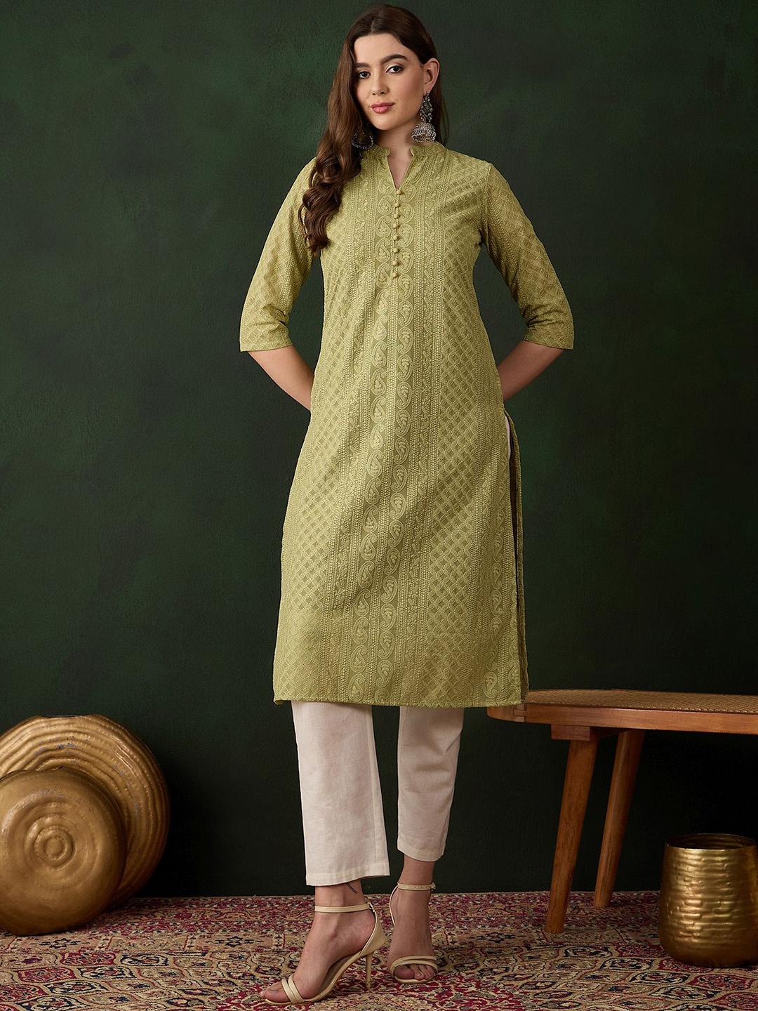 

Sangria Women Chikankari Embroidered Straight Kurtas, Green