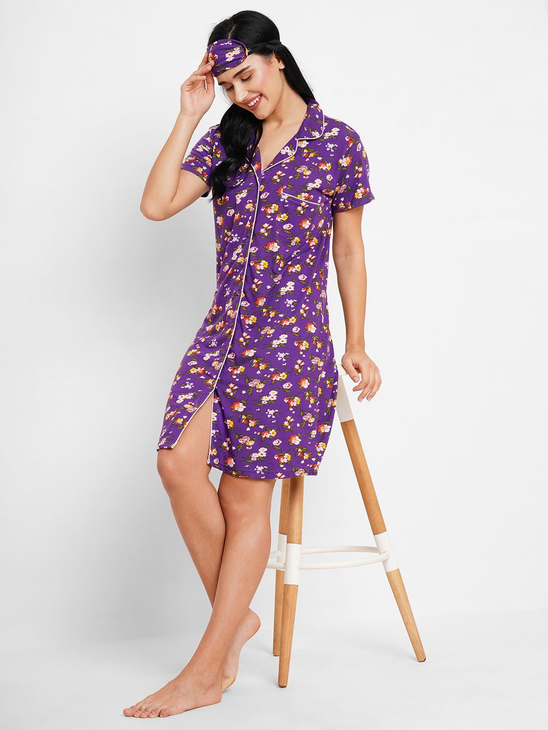 

Inner Sense Women Fl;oral Printed Nightdress, Purple
