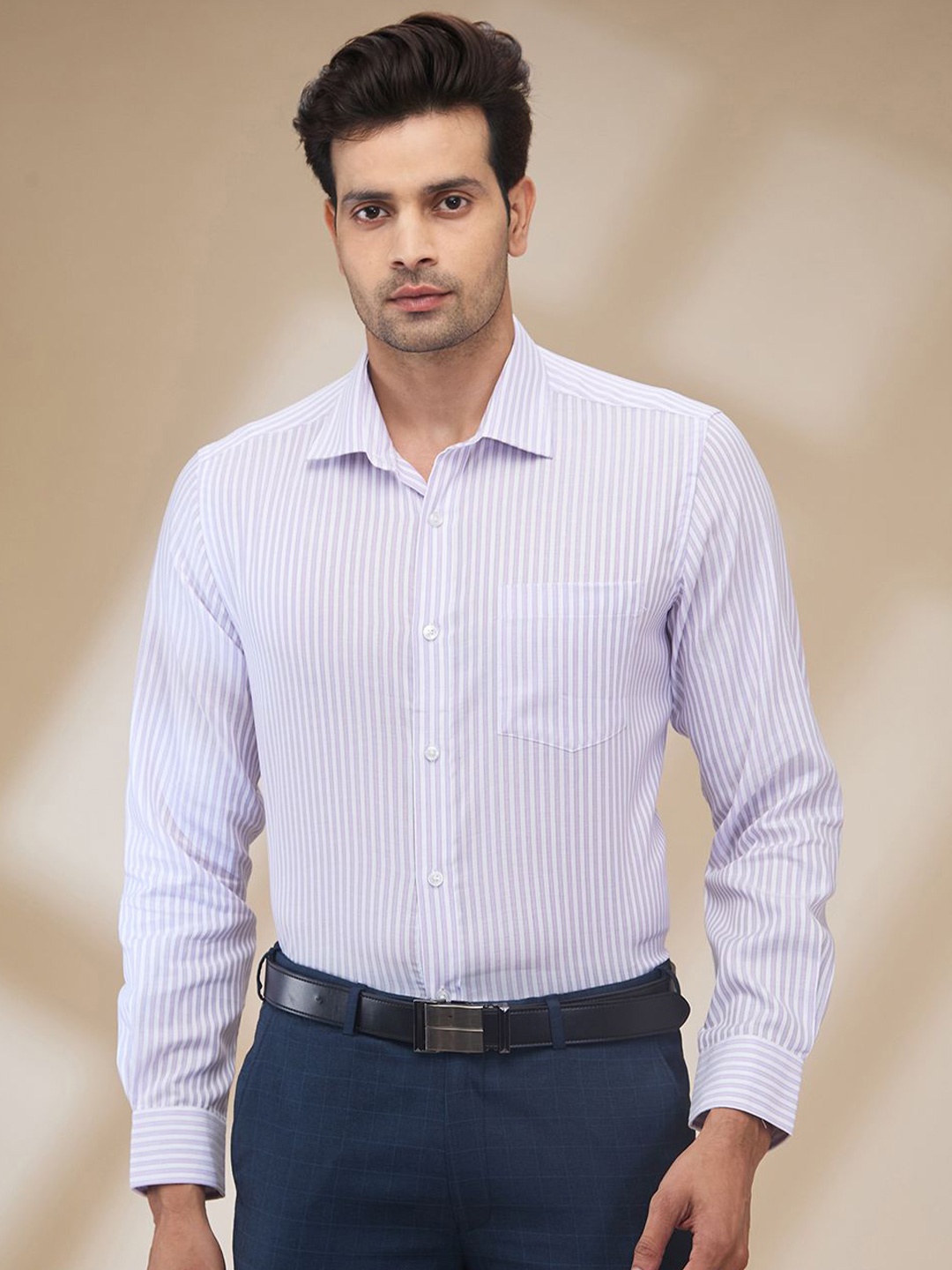 

Park Avenue Men Spread Collar Vertical Striped Cotton Formal Shirt, Violet