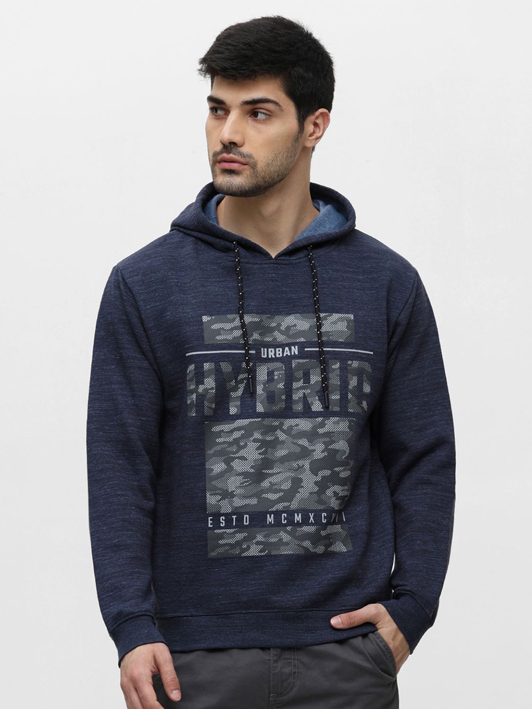 

Klub Fox Men Graphic Printed Hooded Pullover Fleece Sweatshirt, Navy blue