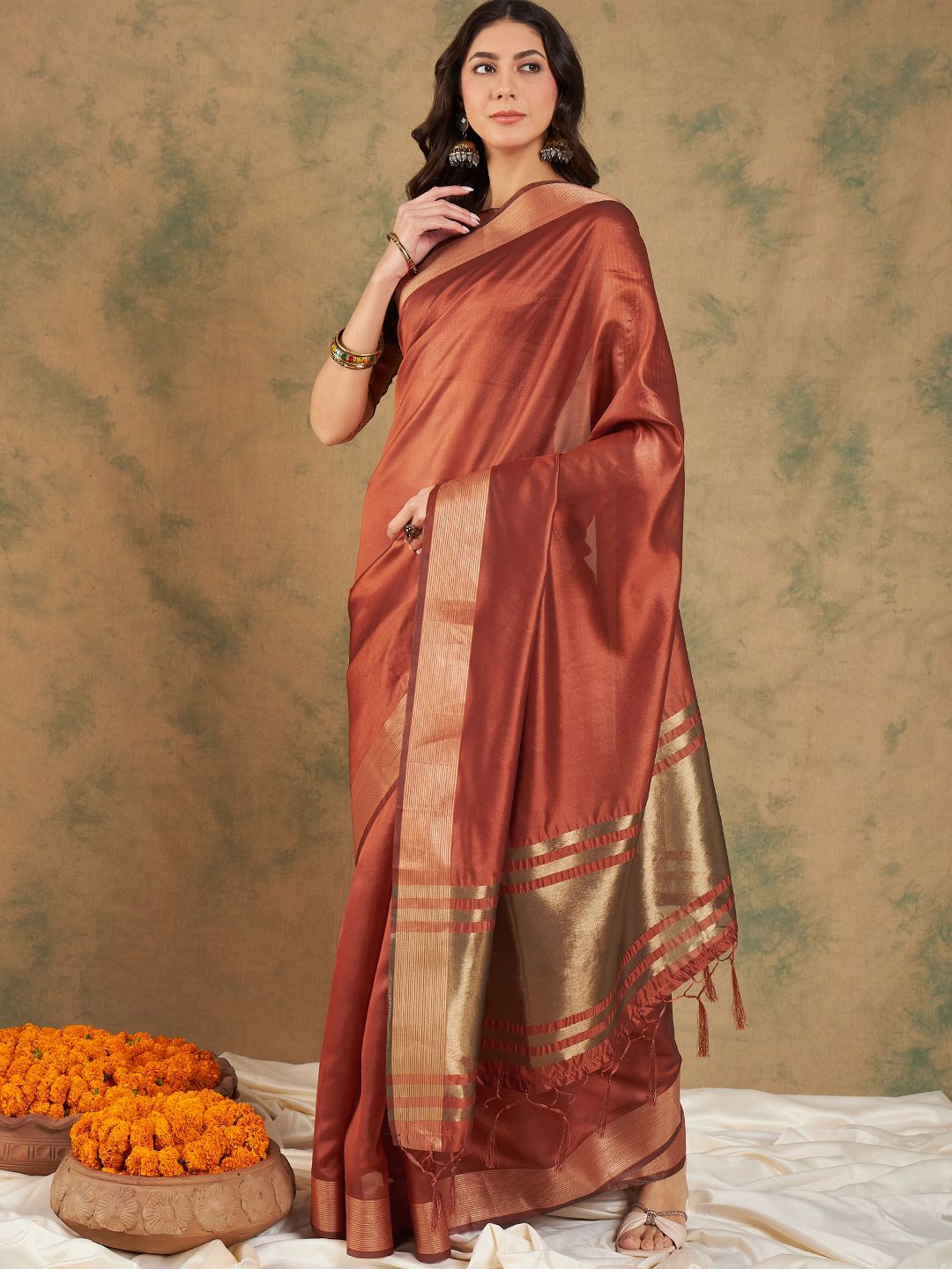 

DIVASTRI Woven Design Zari Organza Kanjeevaram Saree, Rust