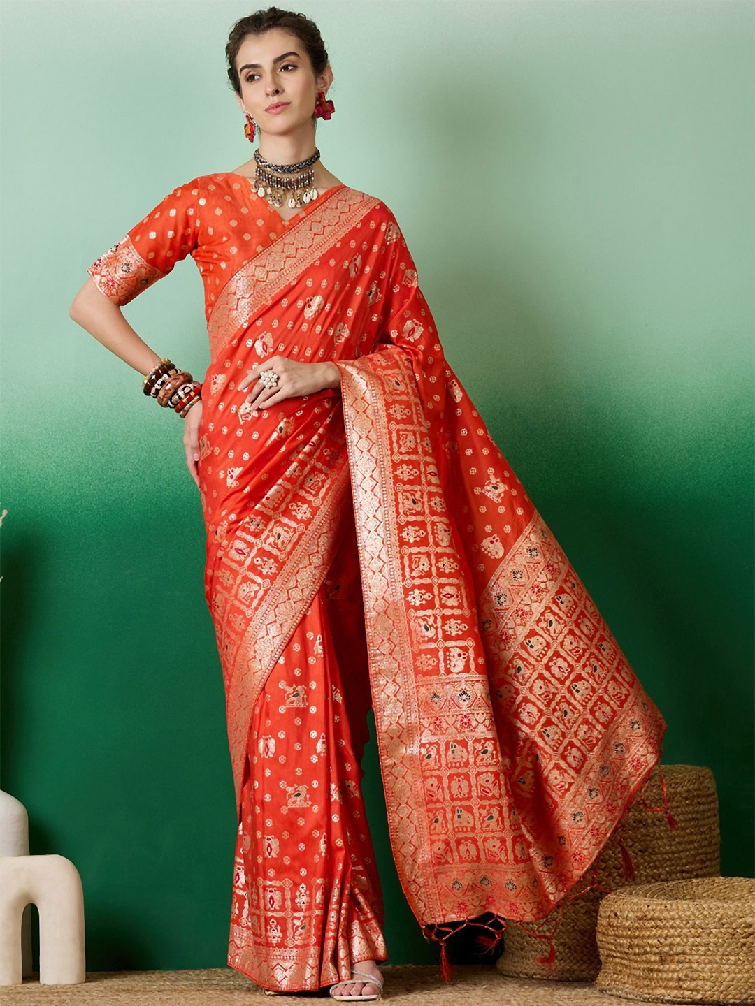 

Maroosh Zari Silk Blend Fusion Banarasi Zari Saree, Orange