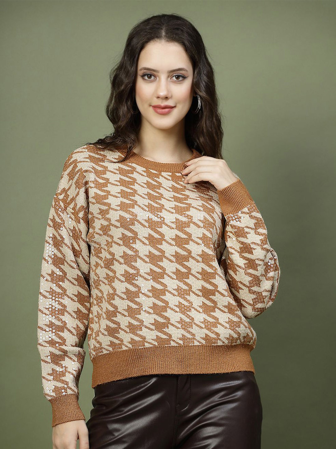 

Mafadeny Women Checked Embellished Sweater, Brown