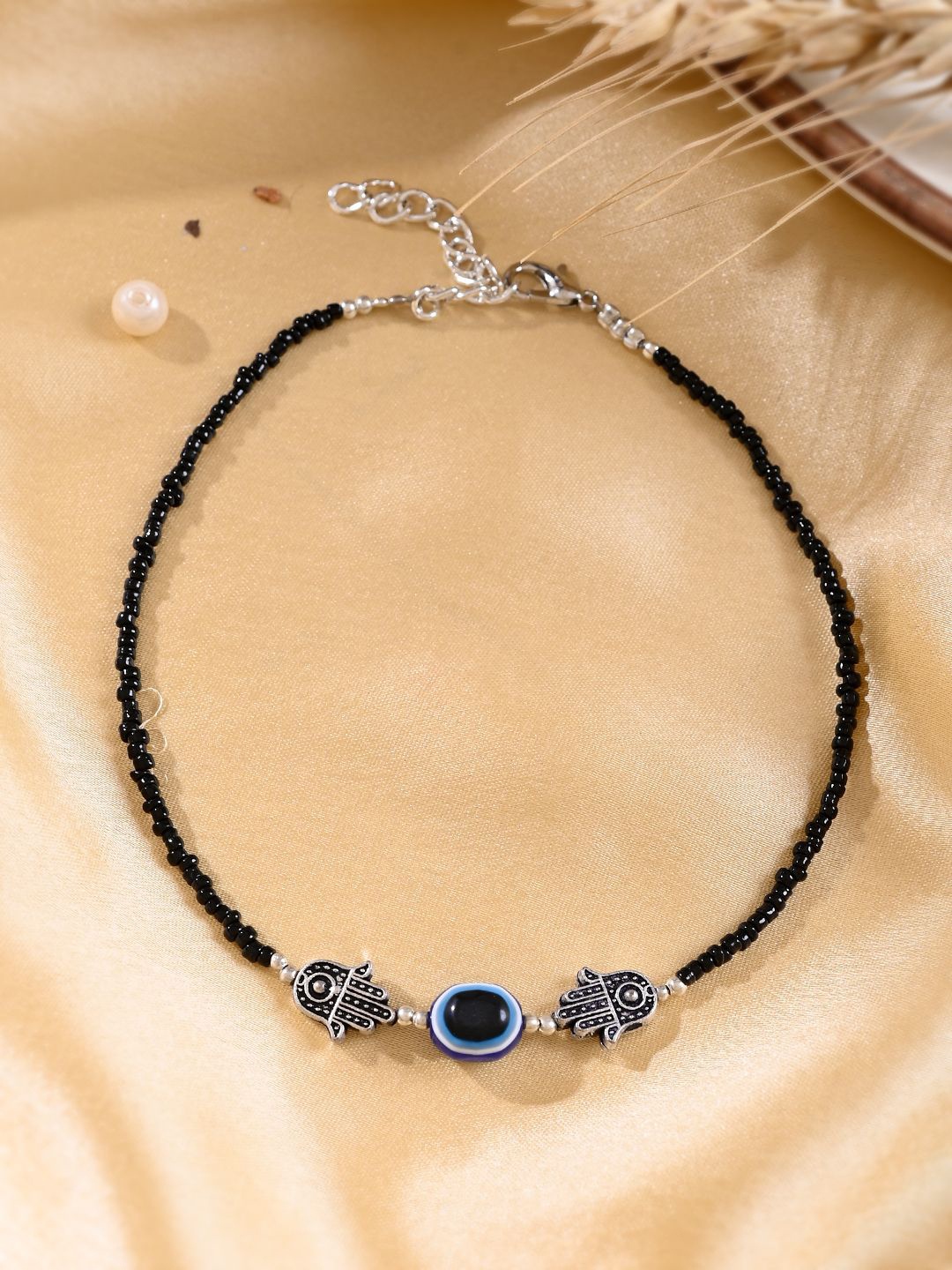 

Silvermerc Designs Silver-Plated Stone Studded & Beaded Evil Eye Single Anklet