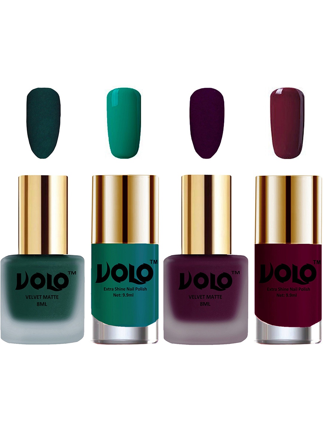 

VOLO Set Of 4 Velvet Matte & Extra Shine Nail Polish-8 ml & 9.9 ml Each Shade 12-46-26-34, Multi