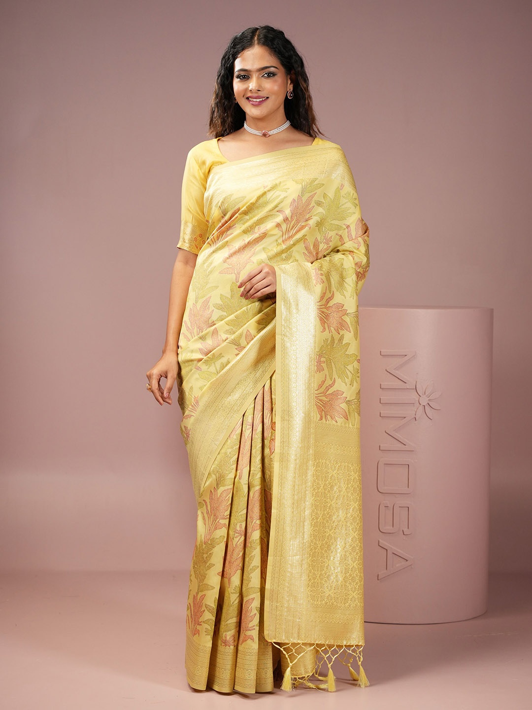 

MIMOSA Floral Zari Banarasi Saree, Yellow