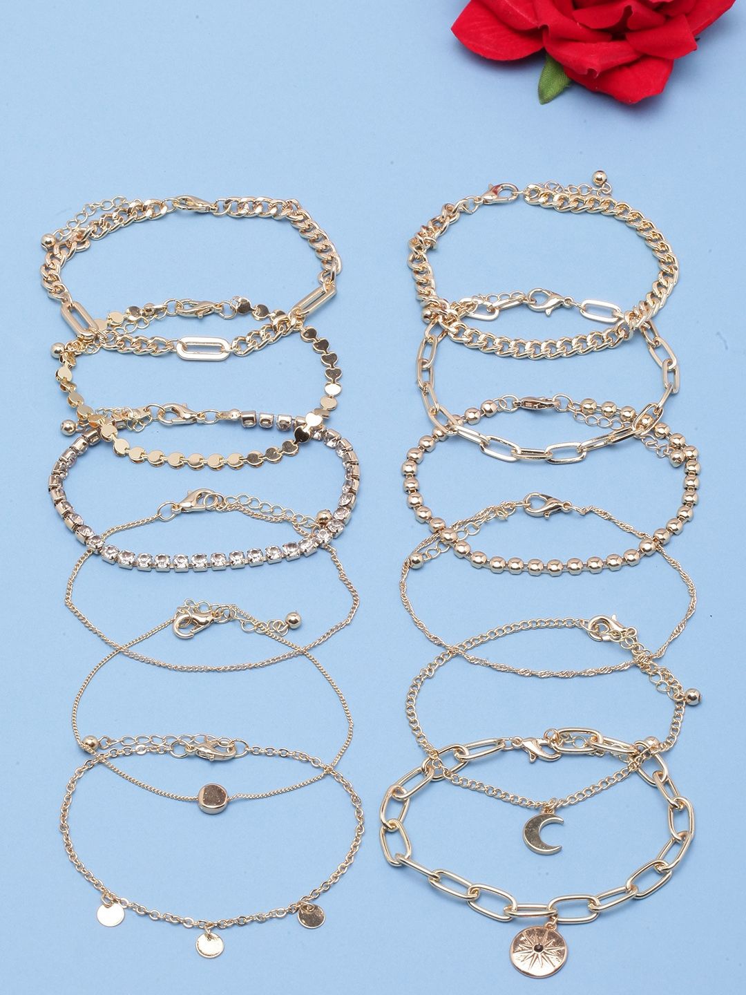 

KPOP Set Of 12 Gold-Plated Rhinestone Studded Charm Bracelets