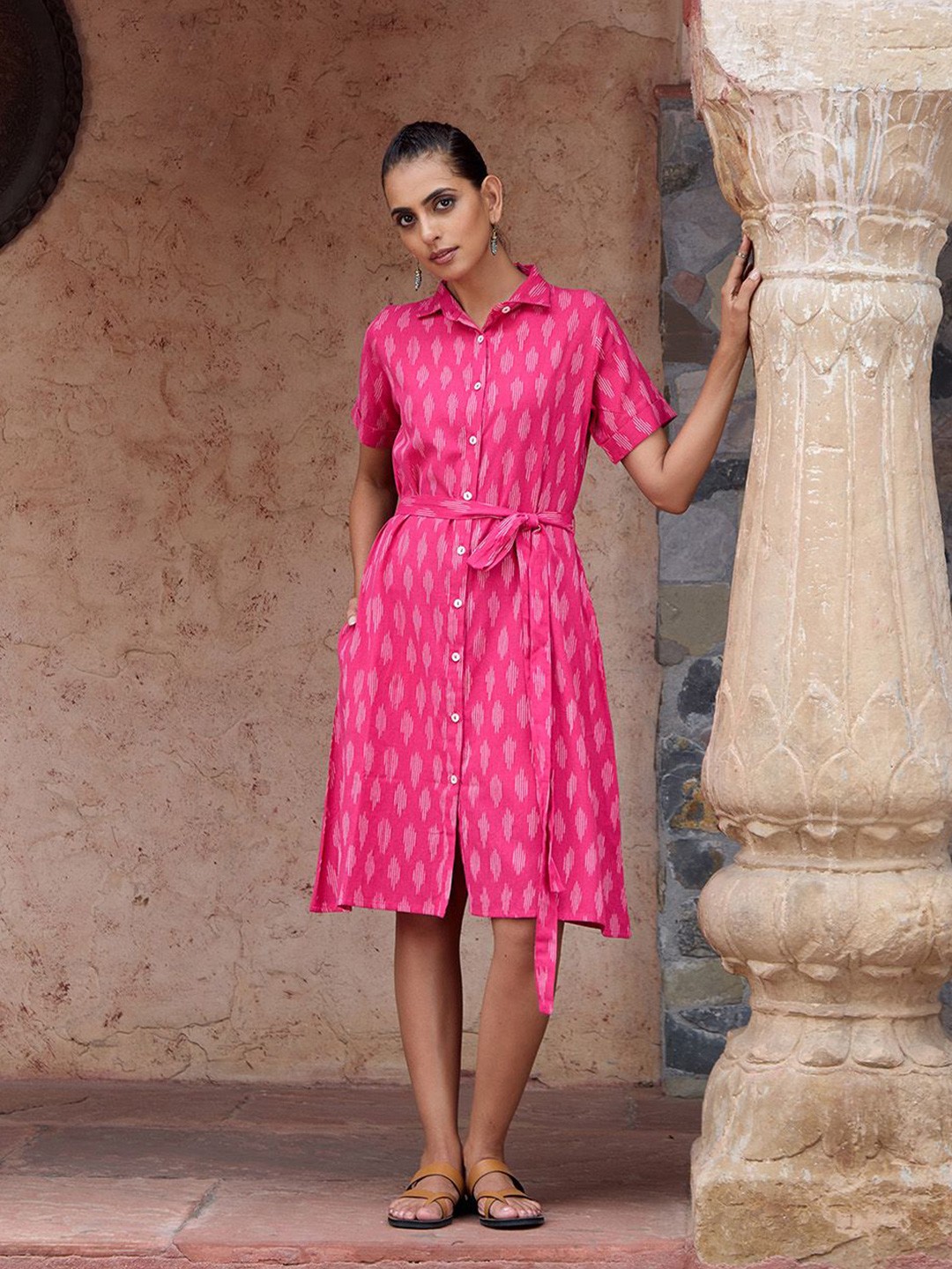 

House of Chikankari HOC Crafts Ikkat Woven Dress, Pink