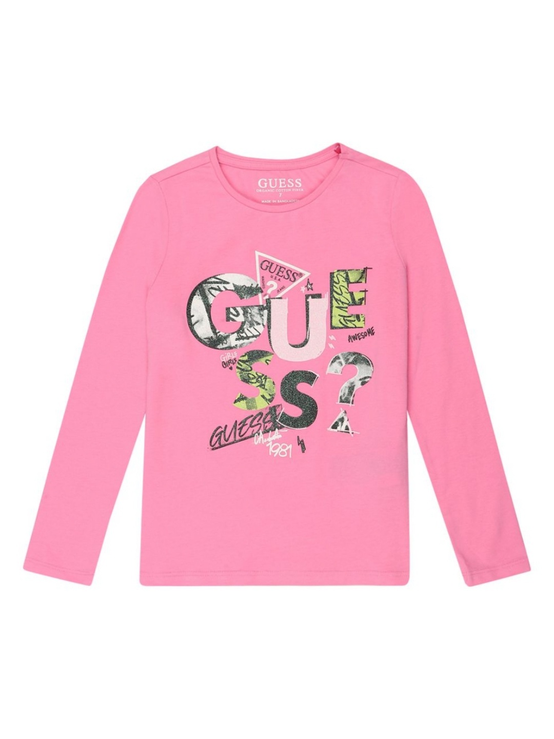 

GUESS kids Girls Typography Printed Round Neck Cotton T-shirt, Pink