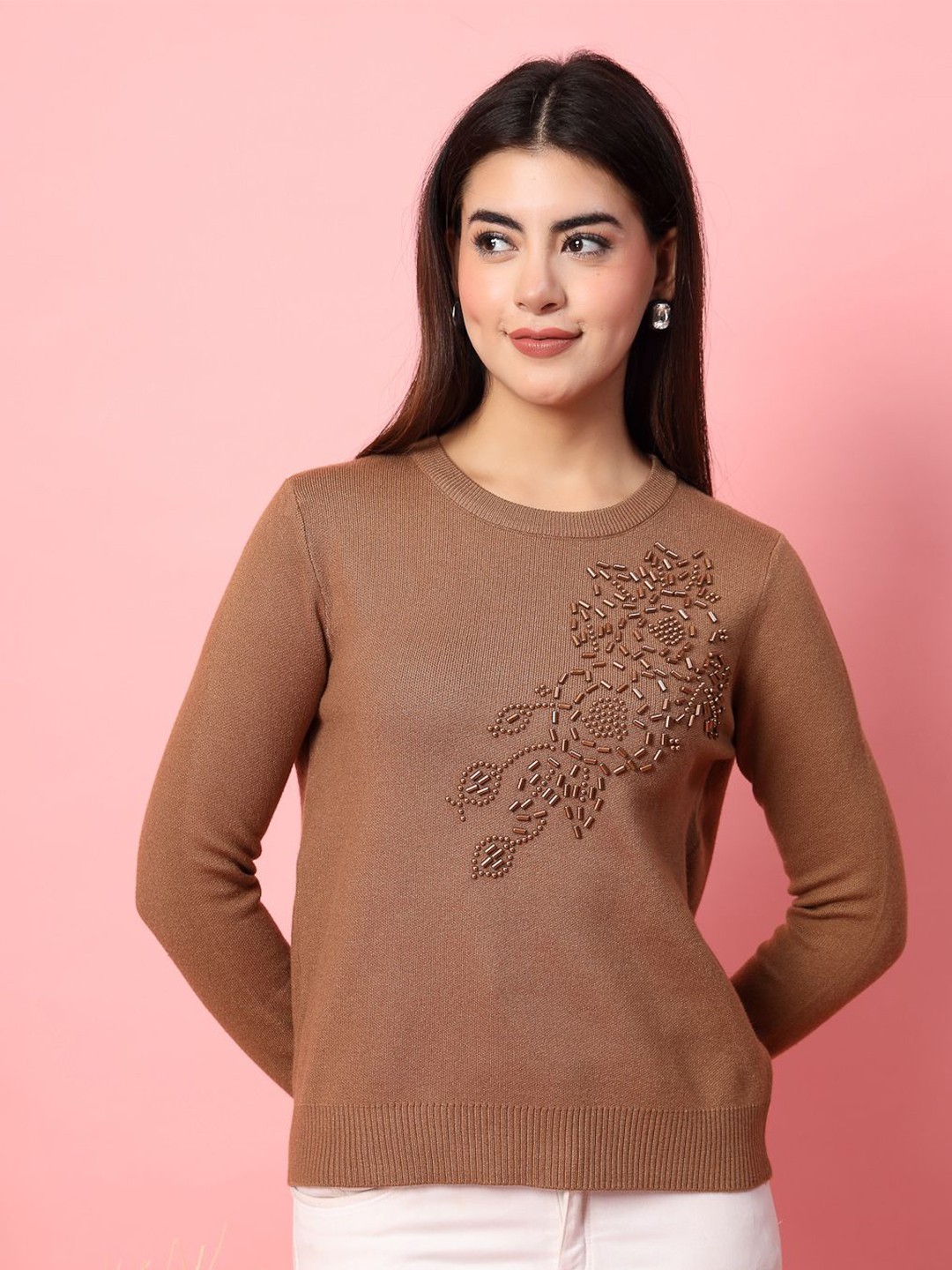 

Mafadeny Women Graphic Embellished Sweater, Brown