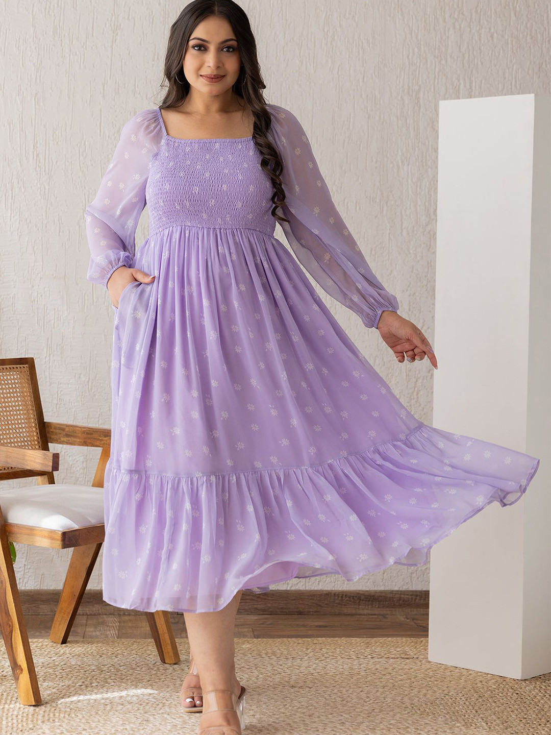 

Polago Clothing Women Floral Printed Fit & Flare Midi Dress, Lavender