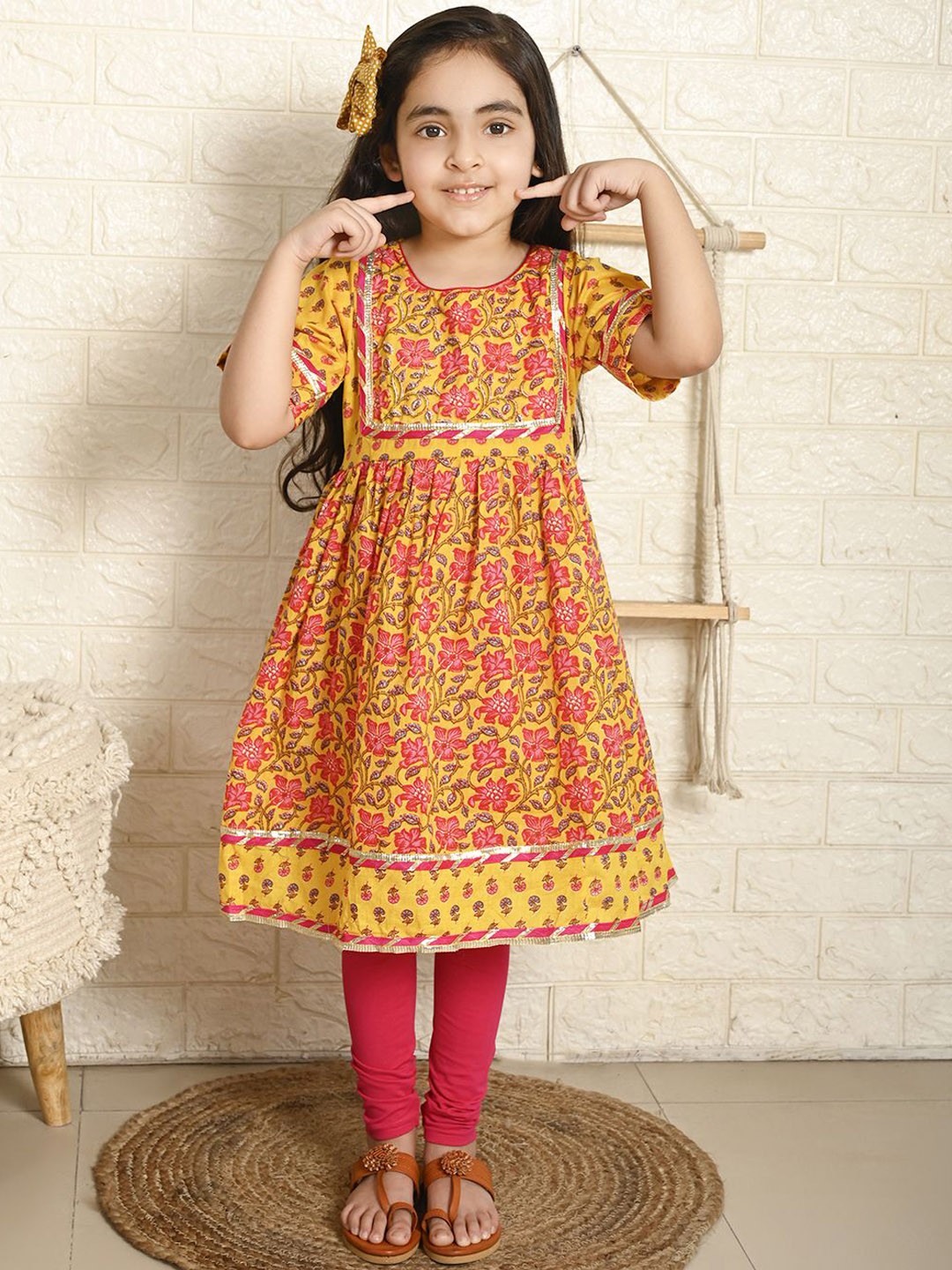 

Here&Now X Kinder Kids Girls Floral Printed Round Neck Pure Cotton Anarkali Kurta, Yellow