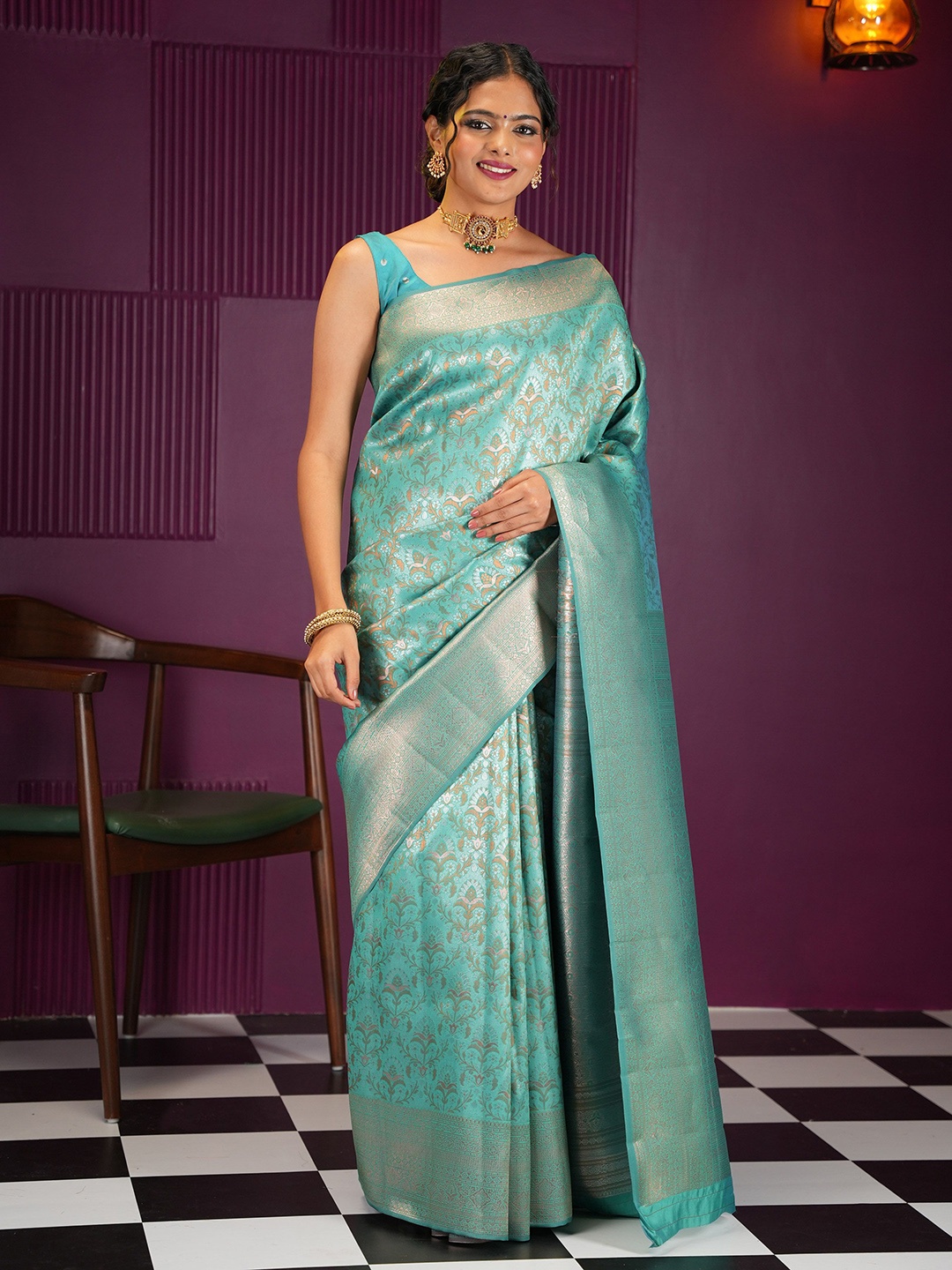 

MIMOSA Floral Zari Kanjeevaram Saree, Blue