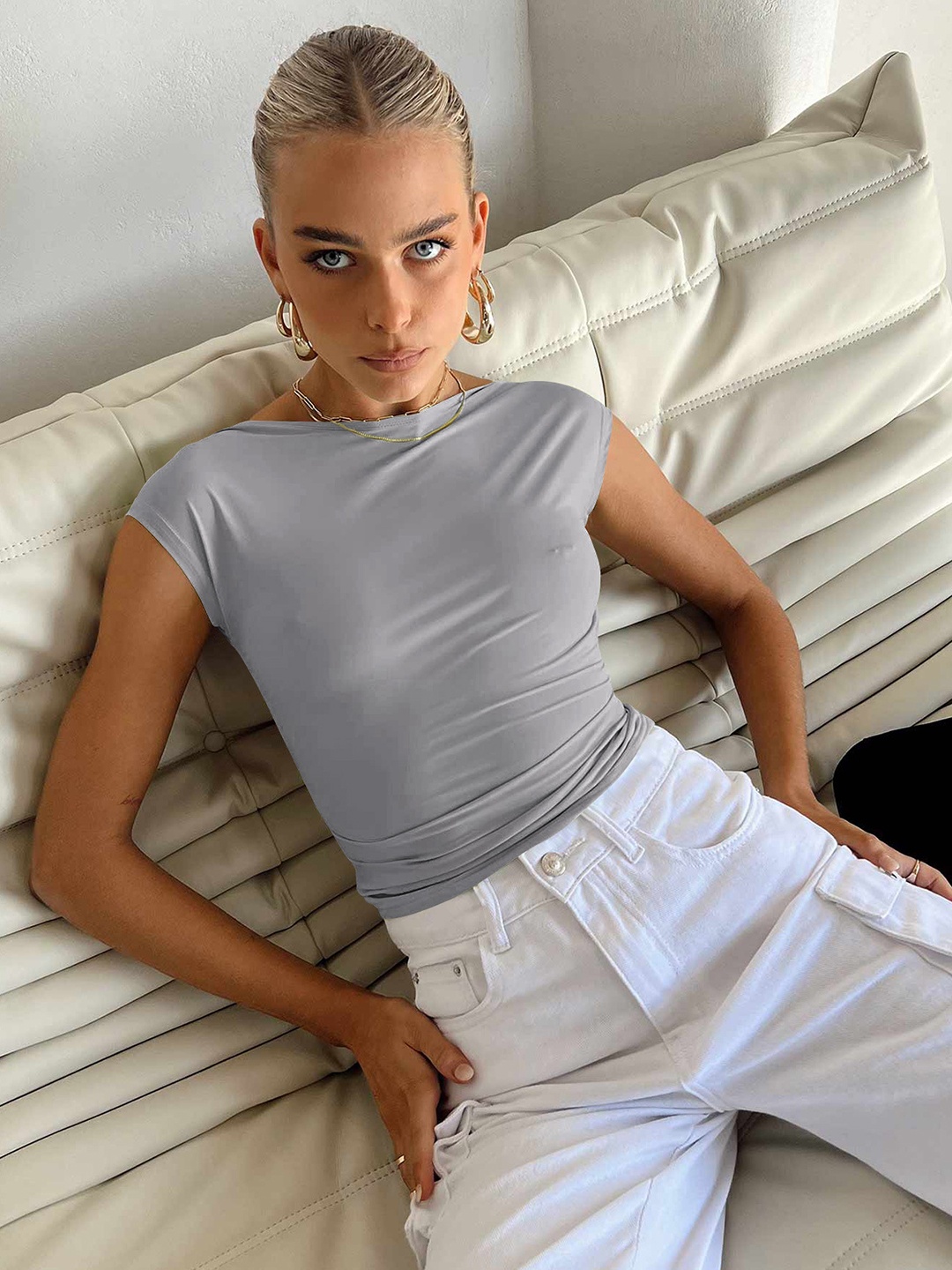 

HERE&NOW Women Solid Boat Neck Nylon Top, Grey