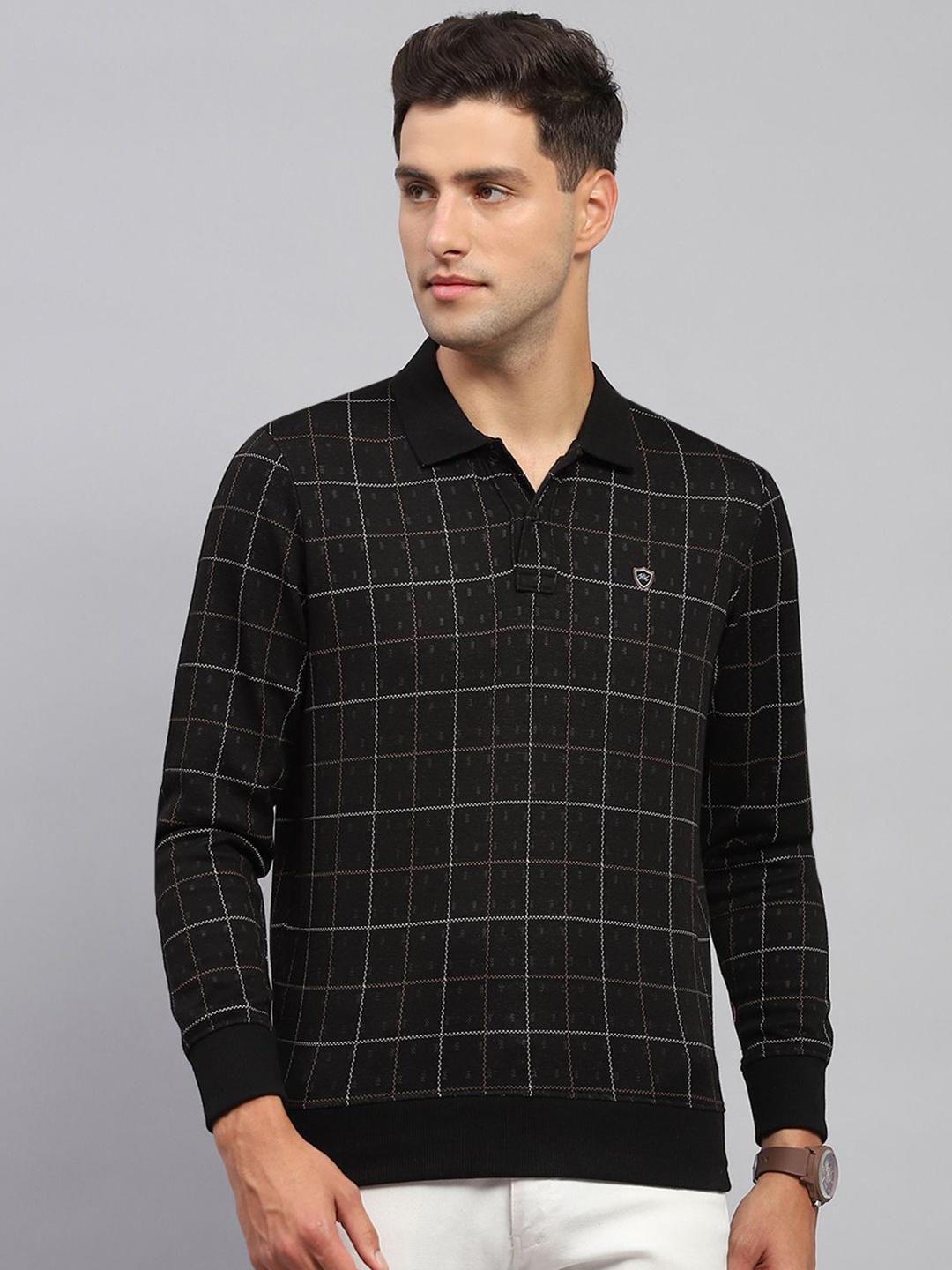 

Monte Carlo Men Checked Shirt Collar Pullover Cotton Sweatshirt, Black