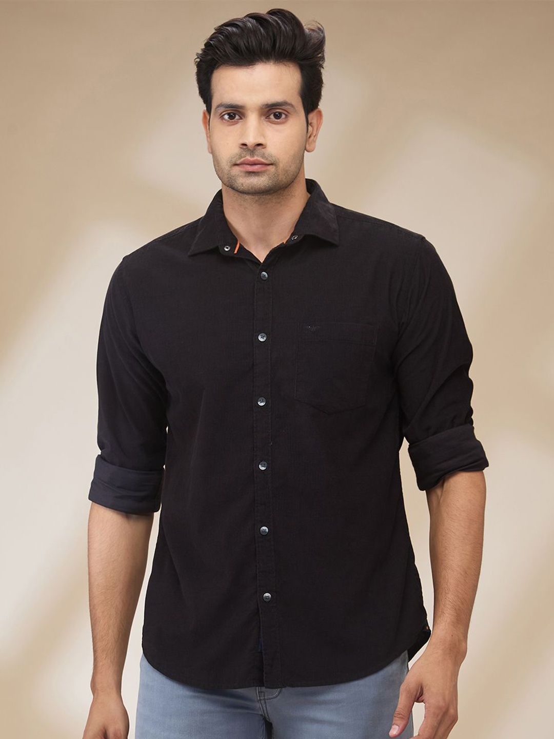 

Park Avenue Men Cutaway Collar Solid Cotton Slim Fit Casual Shirt, Black