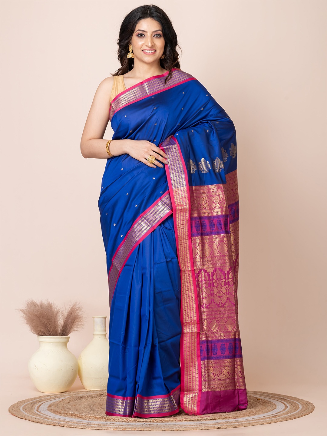 

Laa Calcutta Woven Design Zari Bomkai Silk Saree, Blue