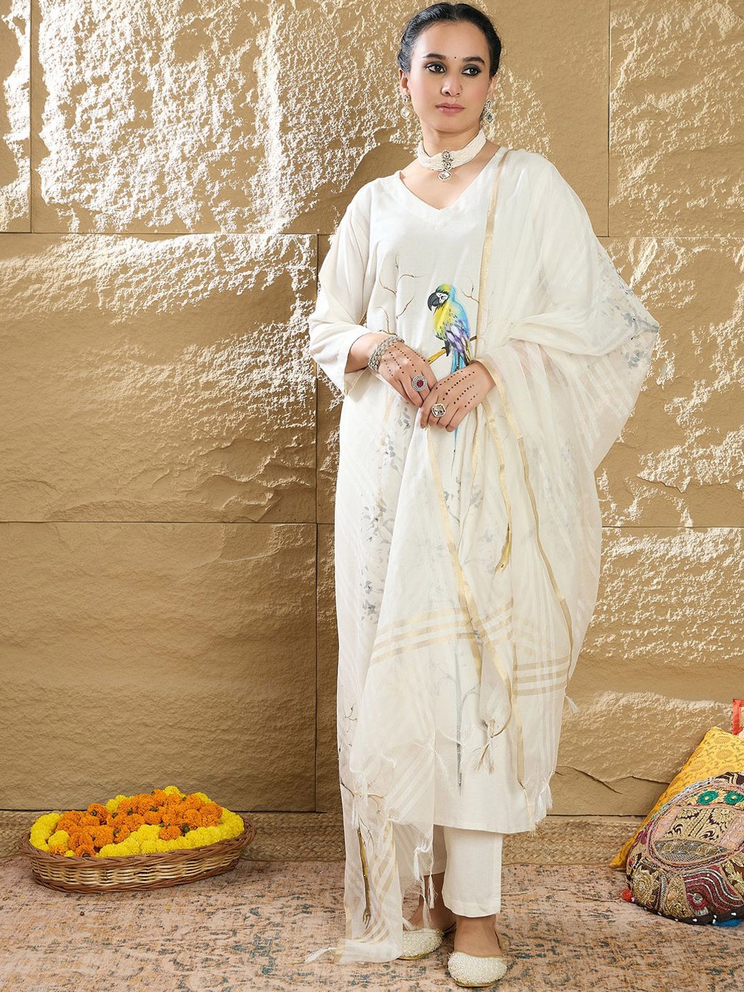 

Indo Era Women Embroidered Regular Beads and Stones Kurta with Trousers & With Dupatta, Cream