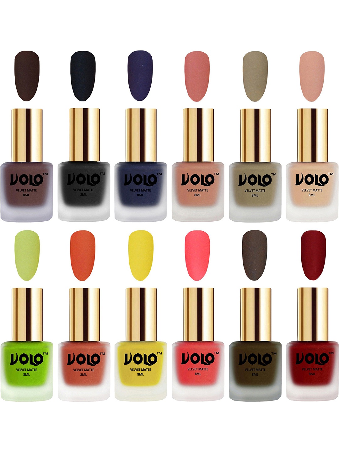 

VOLO Set Of 12 Velvet Matte Nail Polish - 8 ml Each - Tomato Red - Sand Nude - Neon Orange, Multi