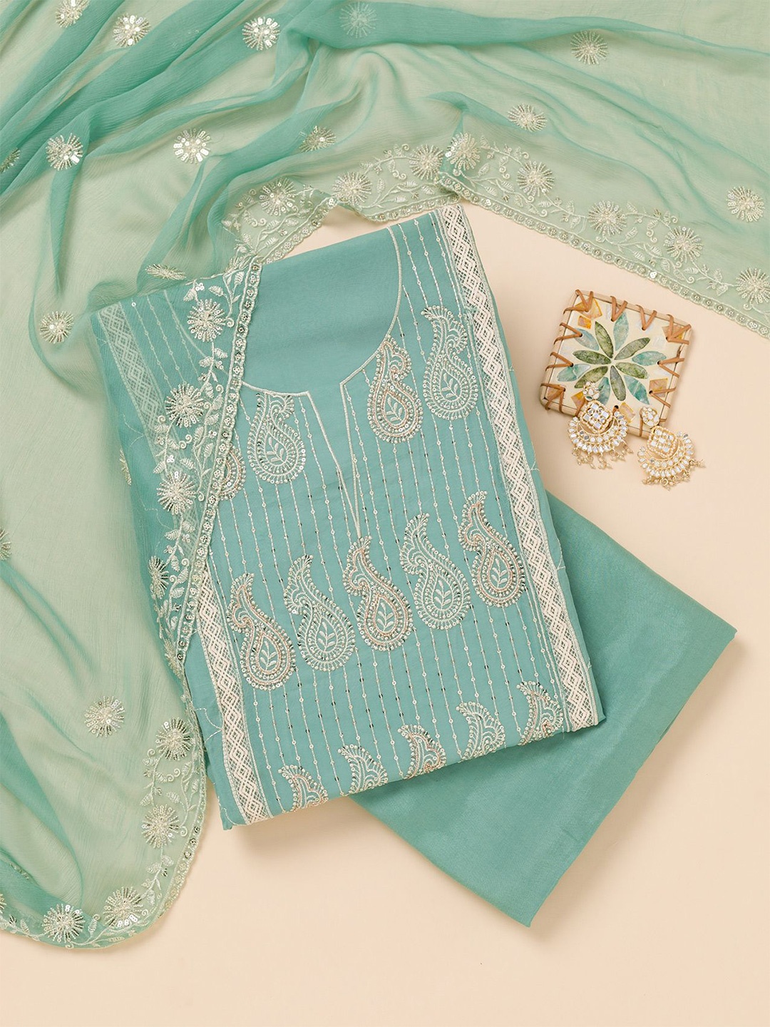 

Koskii Paisley Embroidered Sequinned Unstitched Dress Material, Green