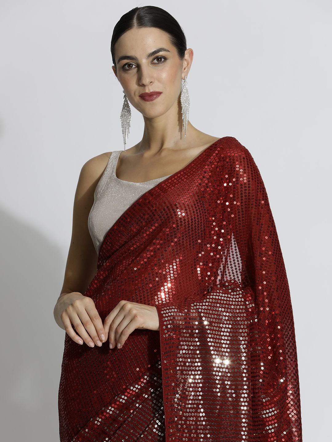 

Jaipur Kurti Embellished Sequinned Pure Georgette Designer Saree, Red
