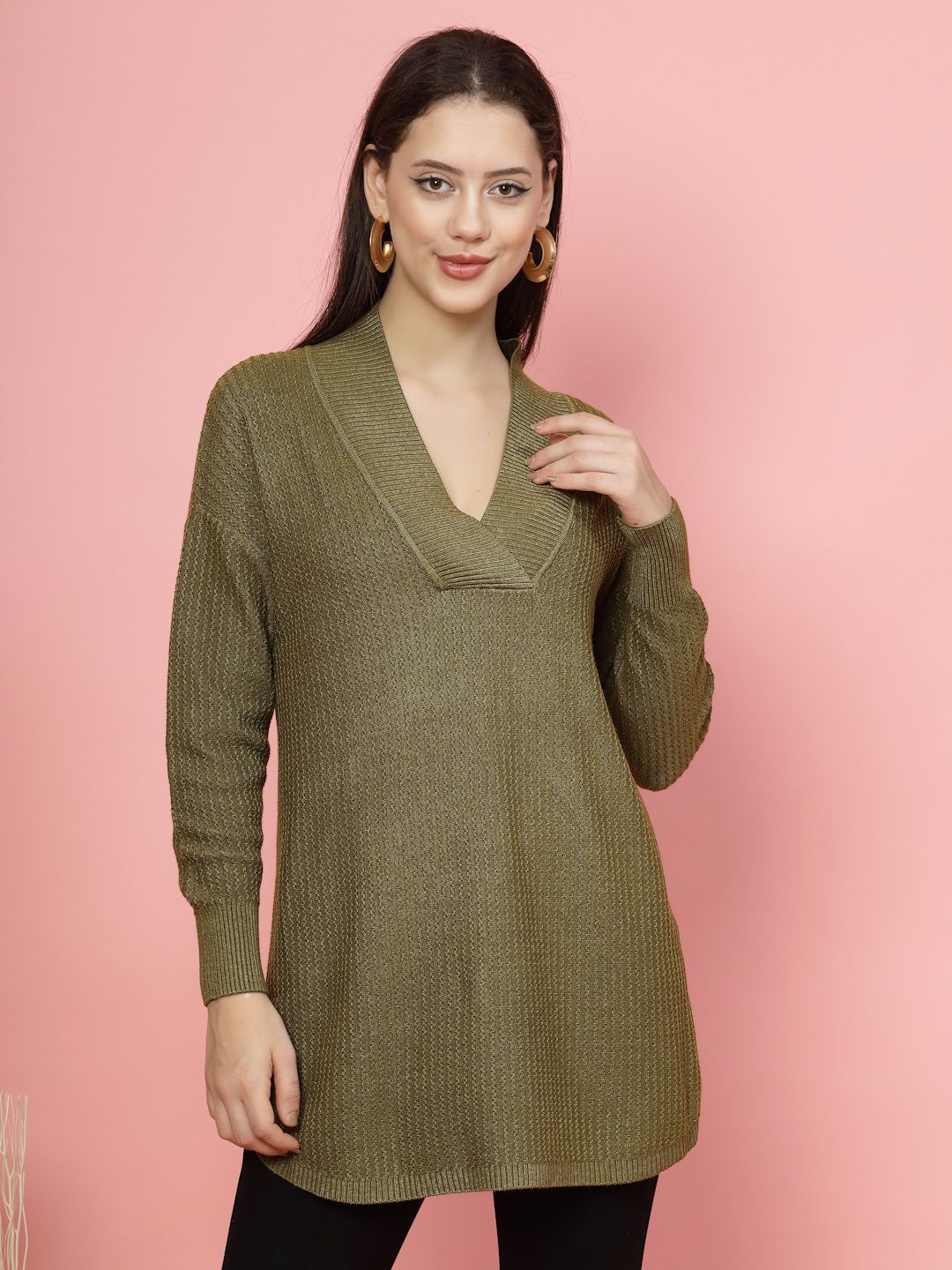 

Mafadeny Women Self Design Pullover Ribbed Longline Sweater, Olive