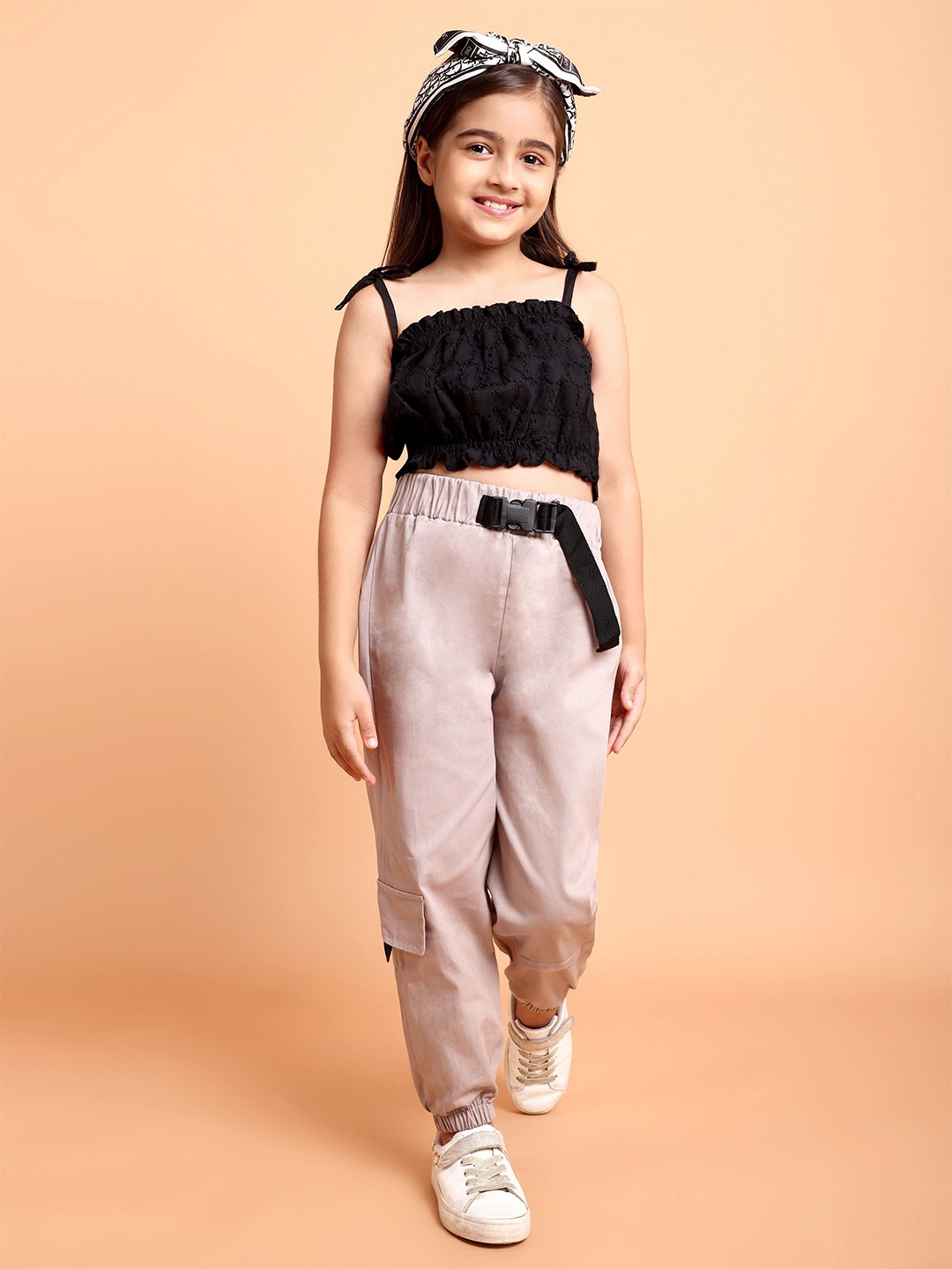 

HERE&NOW Girls Shoulder Straps Sleeveless Pure Cotton Schiffli Top with Cargo Pants, Black
