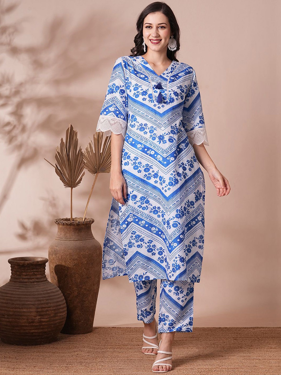 

FASHOR Floral Printed Pure Cotton Tunic & Trouser Co-Ords, Blue