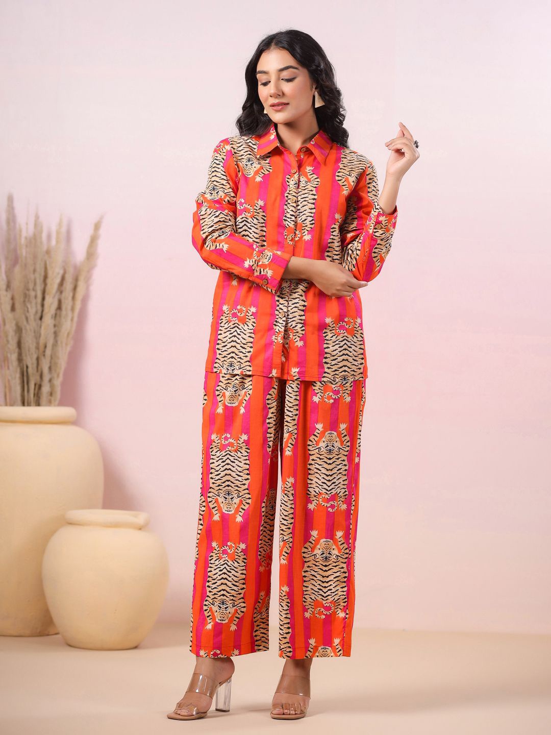 

LYFJ Printed Pure Cotton Shirt & Palazzos Co-Ords, Orange