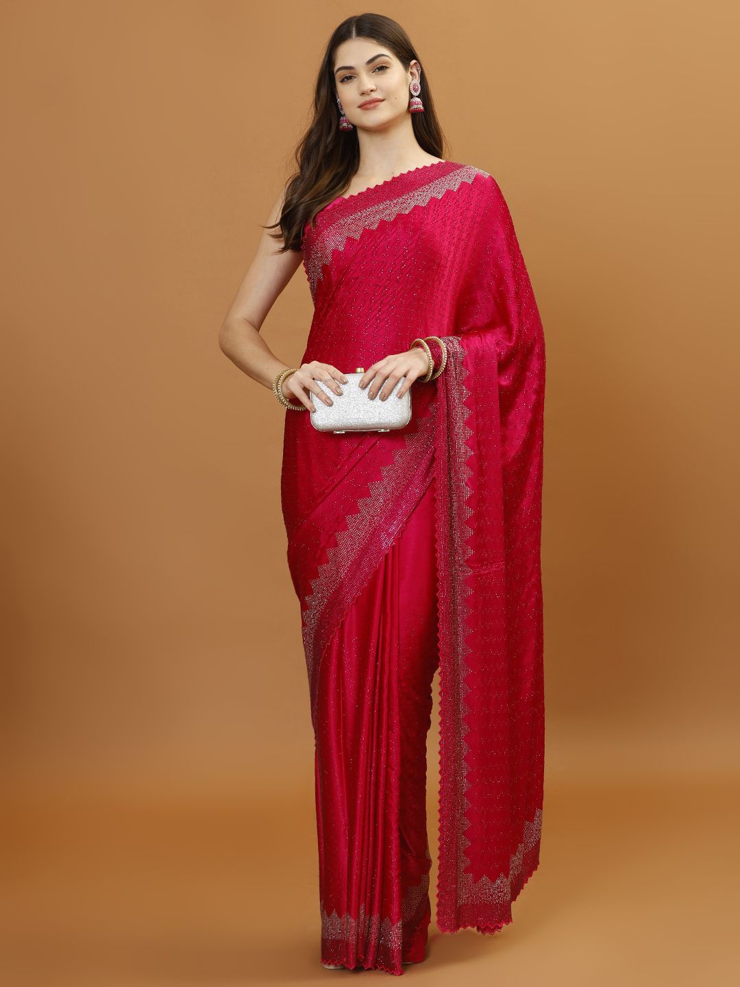 

Meena Bazaar Embellished Beads and Stones Heavy Work Saree, Pink