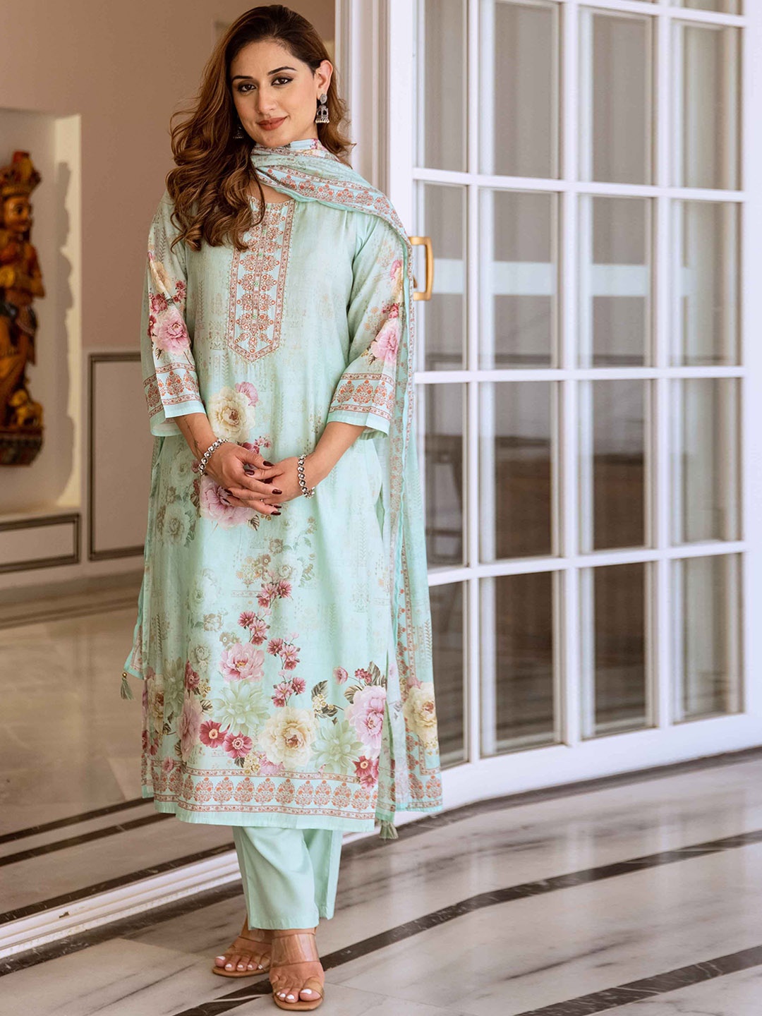 

KALINI Women Floral Printed Regular Beads and Stones Kurta with Trousers & With Dupatta, Turquoise blue