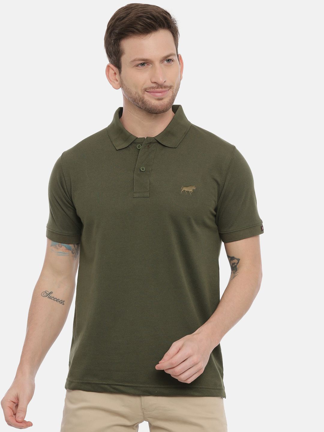 

Bushirt Men Solid Polo Collar Cotton T-shirt, Olive