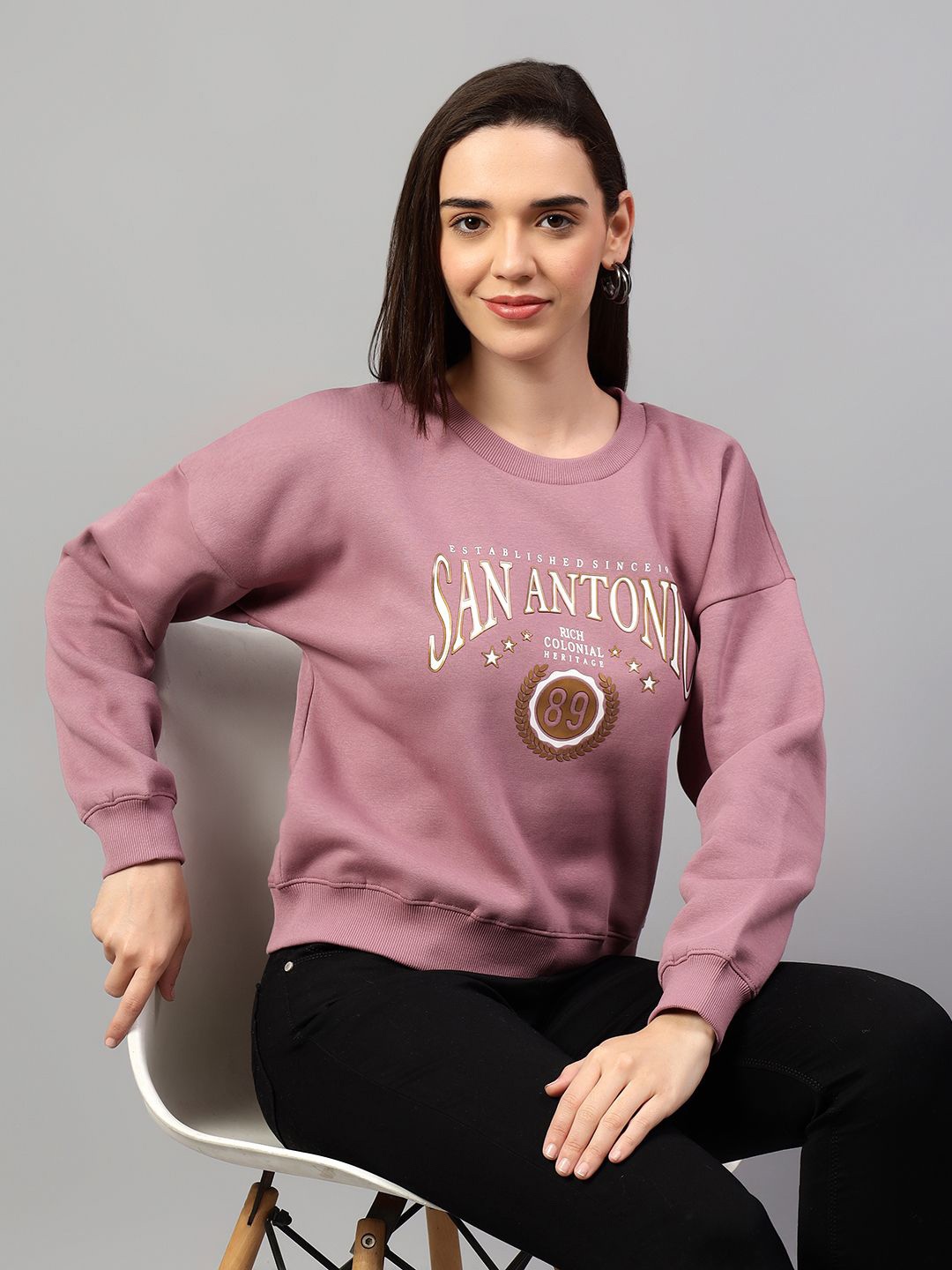

Cantabil Women Typography Printed Round Neck Fleece Pullover Ribbed Sweatshirt, Mauve
