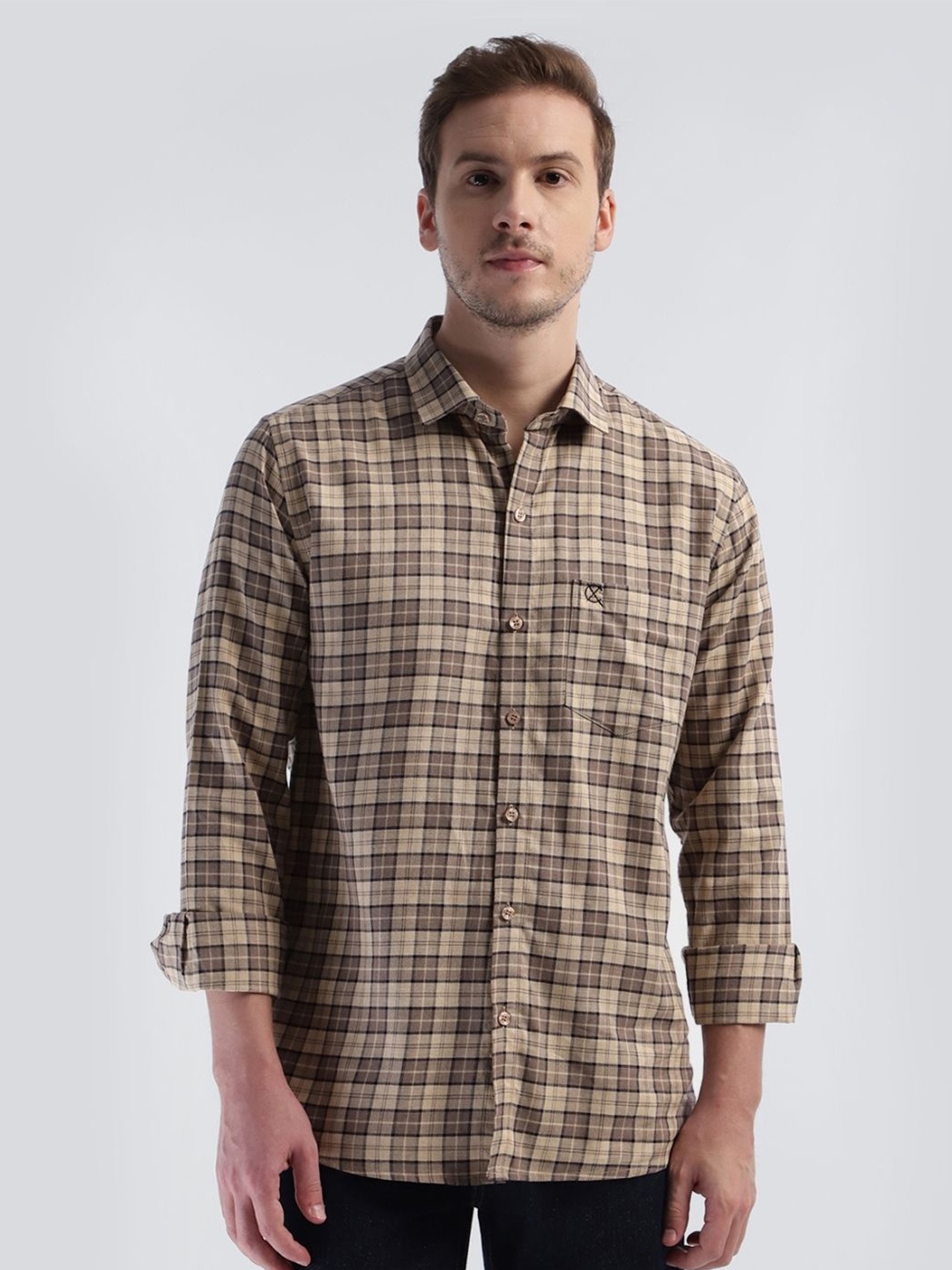 

OFFCUTS Men Comfort Spread Collar Checked Cotton Casual Shirt, Beige