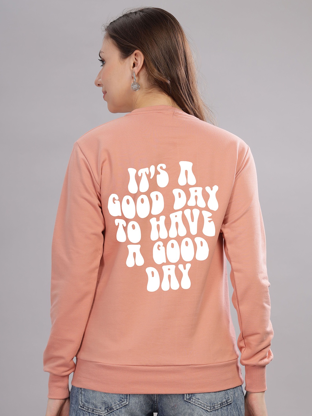 

FALTU.CO Women Typography Printed Round Neck Cotton Pullover Sweatshirt, Peach