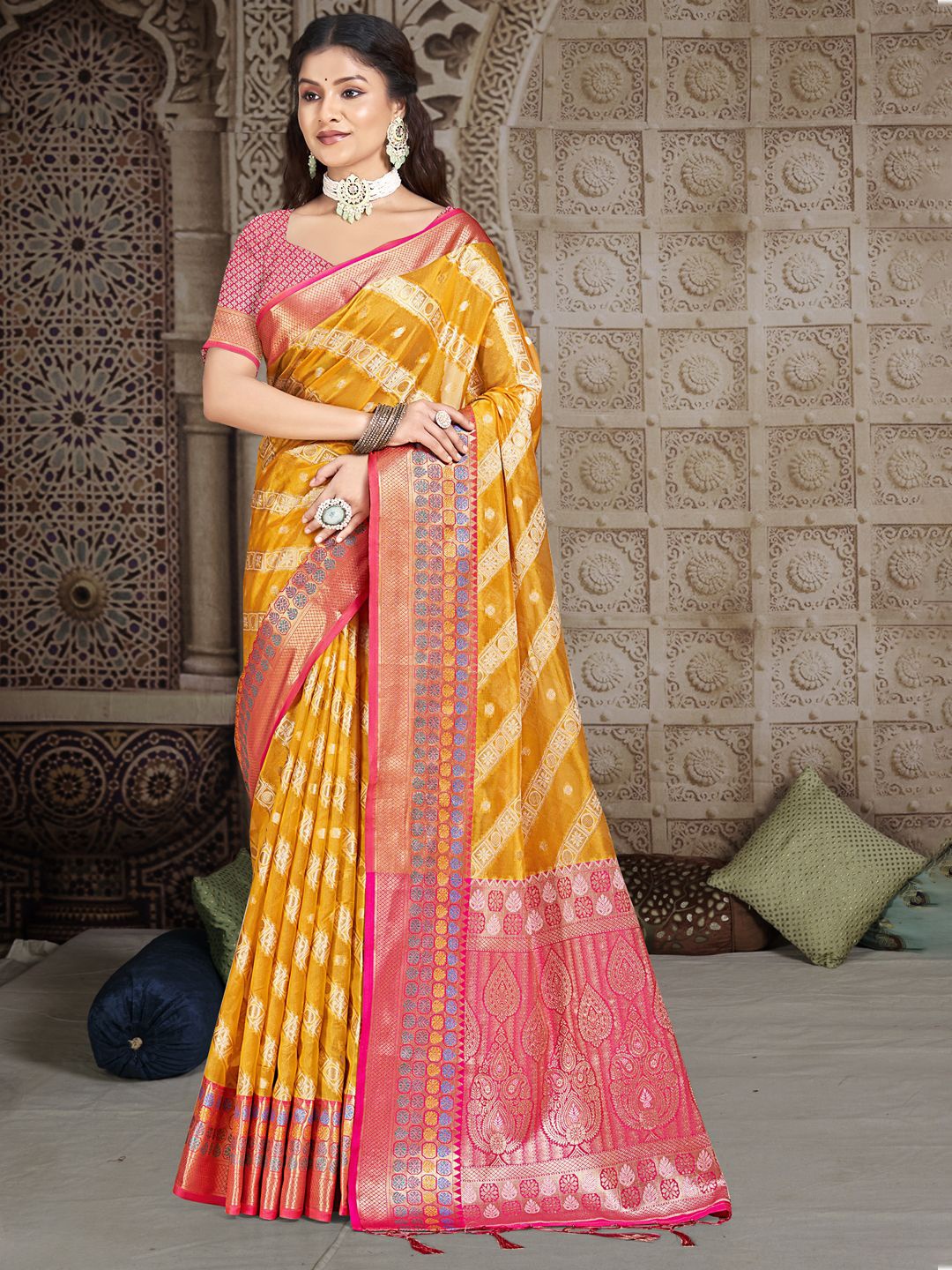 

SANGAM PRINTS Woven Design Zari Tussar Saree, Yellow