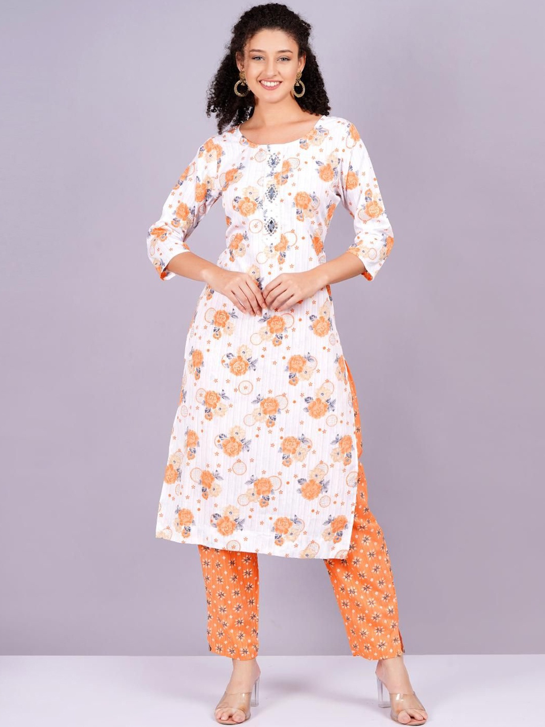 

KALINI Women Floral Printed Regular Thread Work Kurta with Trousers, Orange